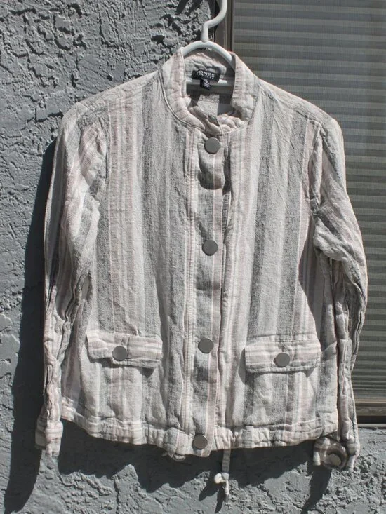 Jones New York Women's Striped Linen Blend Button Front Jacket Small Drawstring - Picture 7 of 8